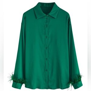 EMERALD GREEN SATIN OSTRICH FEATHER SHIRT NWOT